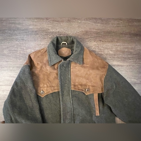 VTG WOOLRICH Size L Wool/Leather Mens Olive Field Jacket Coat Made in USA G10 - Picture 4 of 12